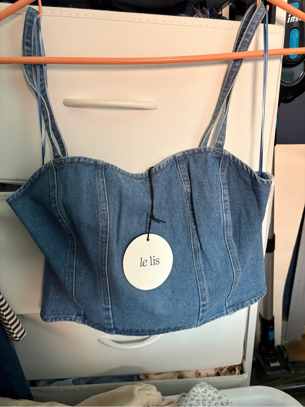 Le Lis Denim Corset Crop Top in Medium Blue